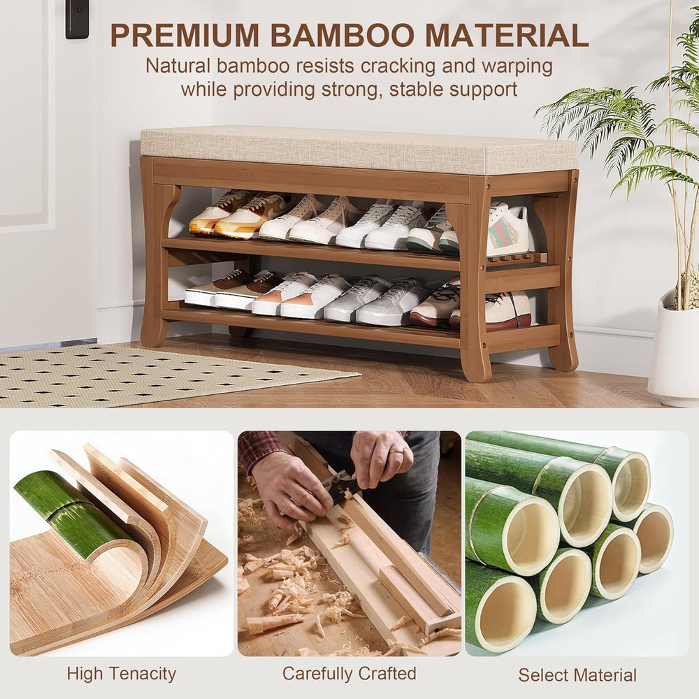 PETKABOO 39.4" Shoe Storage Bench with Cushion, Bamboo Shoe Rack Bench, ...