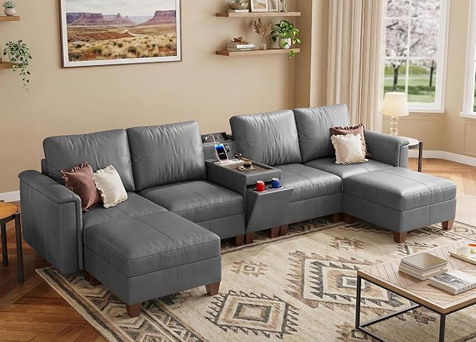 SITJOY 132" Faux Leather Modular Sectional Sofa with Storage, Mid Century Modern Sectional Couches for Living Room, 6 Seat U Shaped Couch with Ottoman and Console Table, Hidden Cupholders, Gray