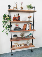 5 Tier Industrial Ladder Shelf Bookcase, Wall Mounted Wood Metal Pipe Rustic Bookshelf for Living Room (Weathered Brown, 10" D x 36" W x 70" H)
