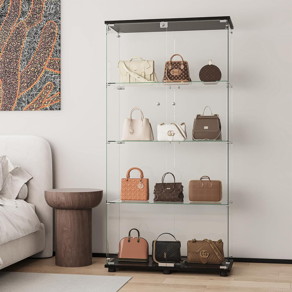 Glass Display Cabinet with 4-Shelf Double Doors and Lock, Curio Cabinet 5mm T...