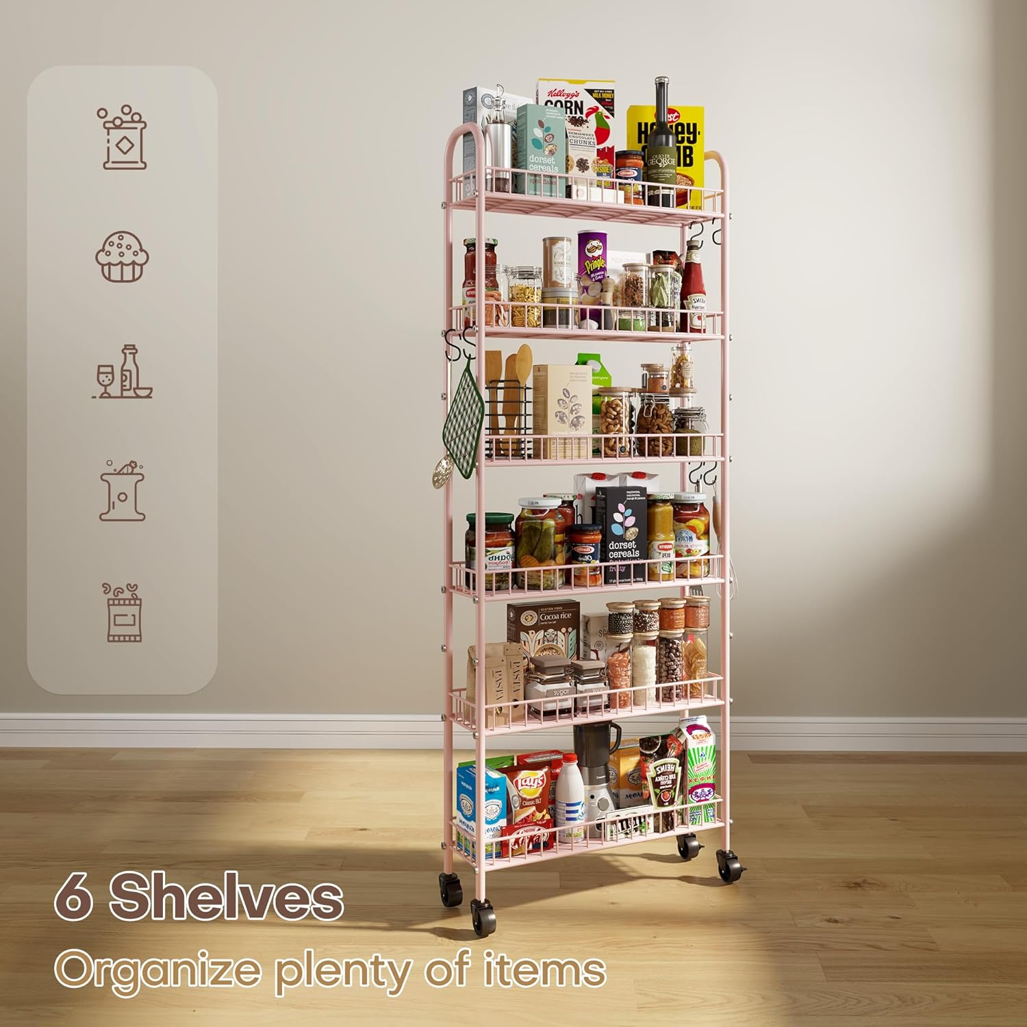 6 Tier Slim Rolling Storage Cart with Wheels, Metal Mobile Shelving Unit Organizer Utility Cart for Office Bathroom Kitchen Laundry Room Narrow Places (Pink 6 Inches)