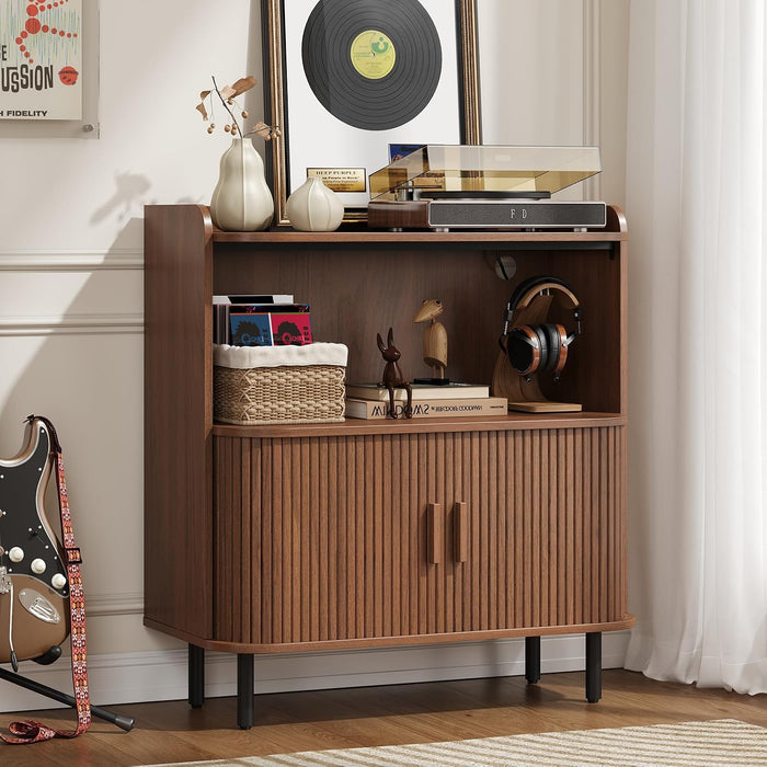 ONBRILL Mid Century Modern Record Player Stand with Charging Station,Walnut