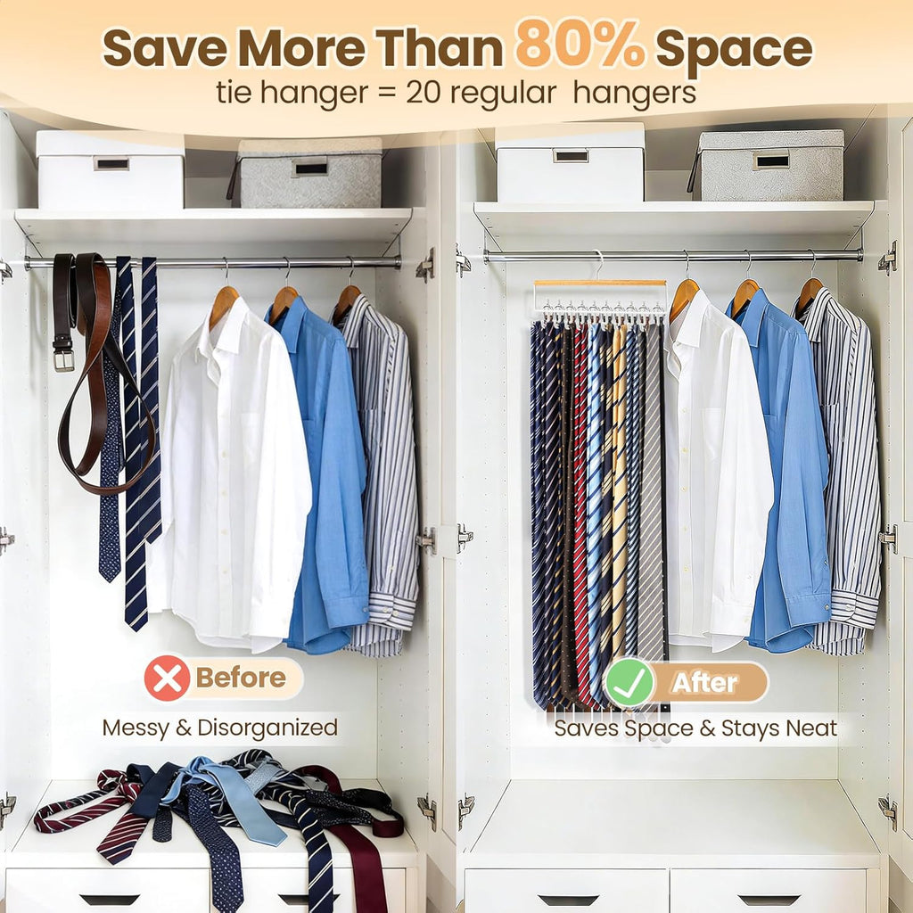 Tie Rack Hanger for Closet Upgraded 2-in-1 Tie and Belt Hanger Non Slip Tie Rack with 20 Hooks Tie Hanger Space Saving Wooden Belt Tie Organizer for Tank Tops Bras Cami Scarves, Wooden