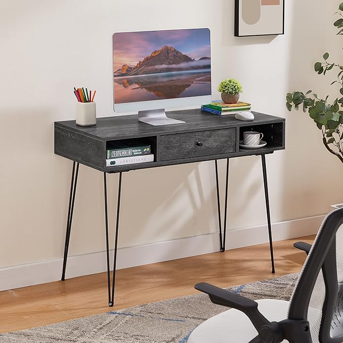 VECELO 39.3" Home Office Work Table with Drawers,Computer Desk with Hairpin Leg for Writing/Study,Charcoal Grey