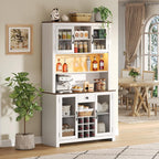 70.9" Kitchen Pantry Rustic Buffet Cabinet, Kitchen Hutch Cabinet with LED Outlets Food,Doors and Shelves Wine Rack for Dining Room (White-LED)