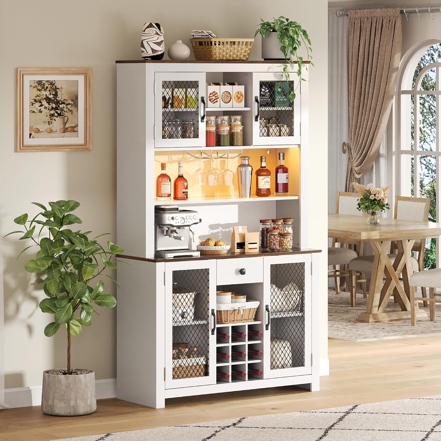 70.9" Kitchen Pantry Rustic Buffet Cabinet, Kitchen Hutch Cabinet with LED Outlets Food,Doors and Shelves Wine Rack for Dining Room (White-LED)