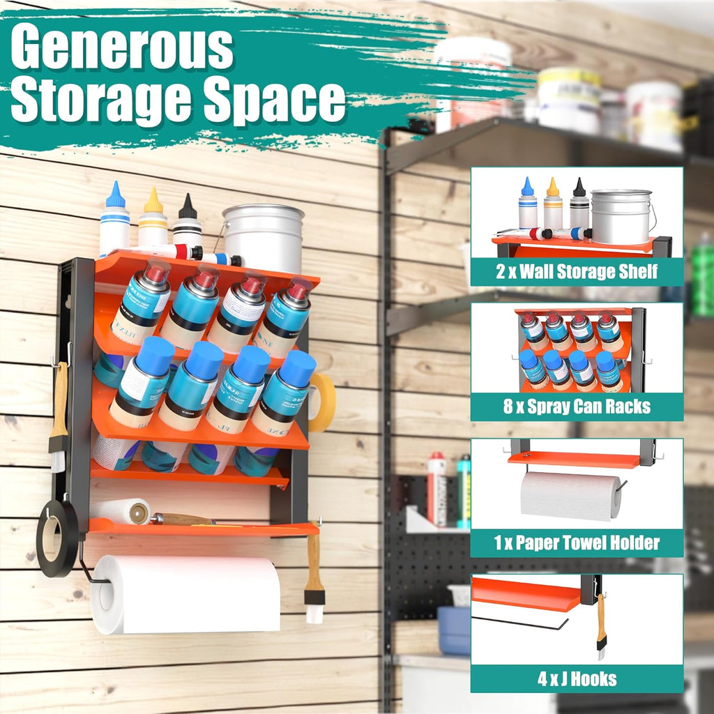 EVERHANGER Spray Can Holder, Lube Can Wall Mount Storage Rack Heavy Duty Paint Bottle Organizer for Garage & Home | 8 Can Holes & 2 Shelf