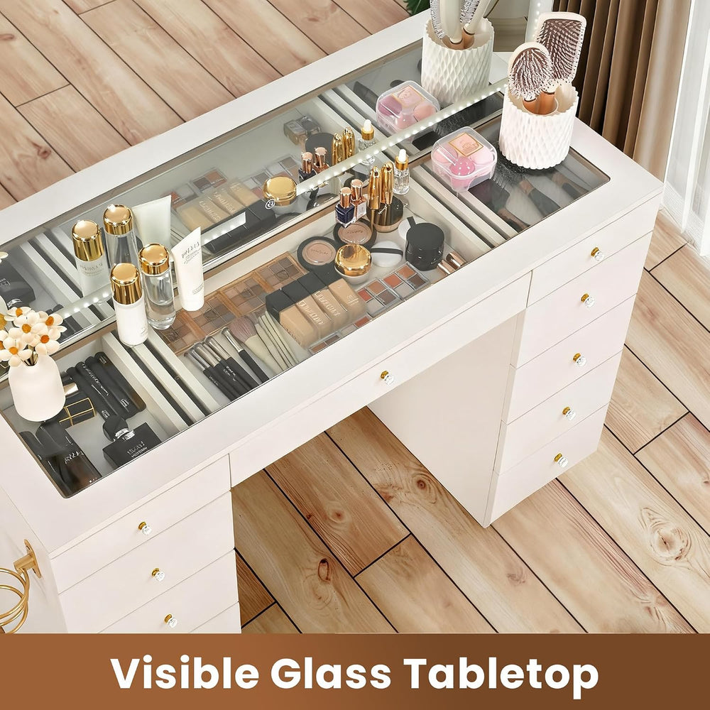Pamapic Glass Top Vanity Desk with Crystal Handles and 11 Drawers, Makeup Van...