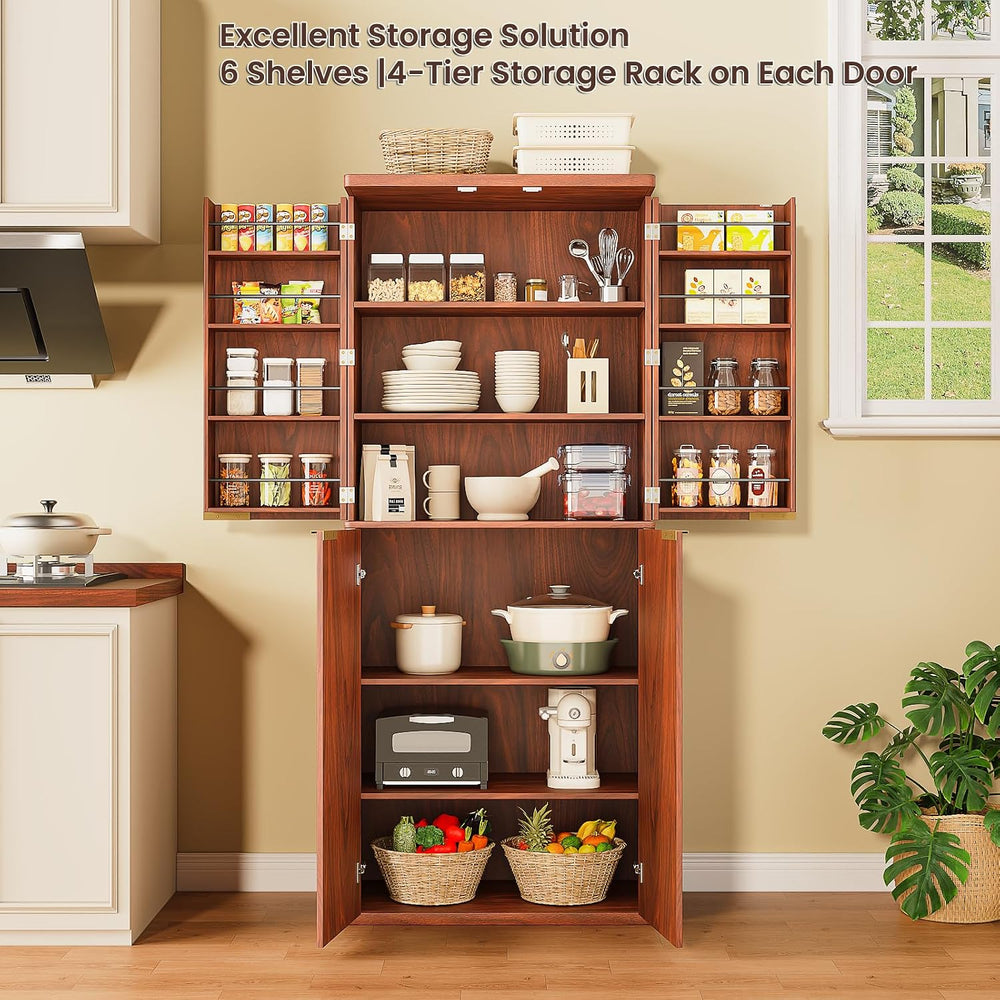 72" Tall Kitchen Pantry Modern Fluted Wood Storage Cabinet with Doors,6 ...