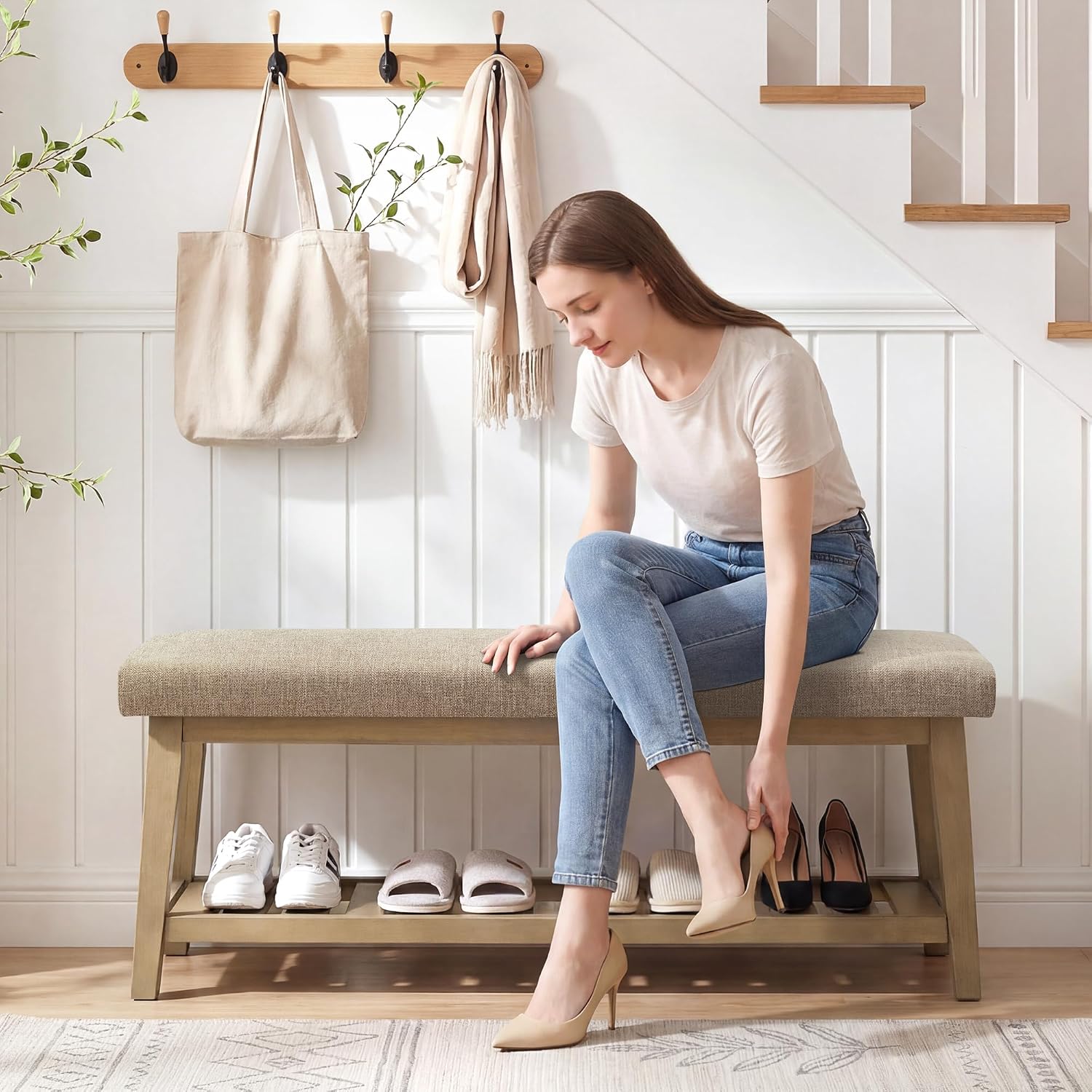 Entryway Bench with Cushion, Upholstered Shoe Rack Bench with Solid Wood Shelf, 44" End of Bed Bench for Bedroom, Chenille Fabric Storage Bench for Entryway, Hallway, Living Room (Brown)