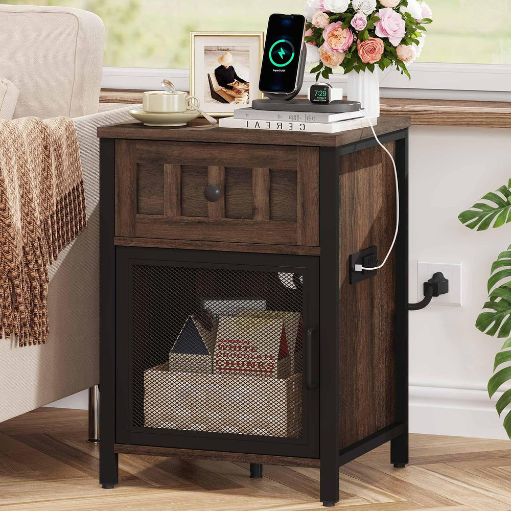 FATORRI End Table with Charging Station, Farmhouse Side Table with Drawer, Ru...