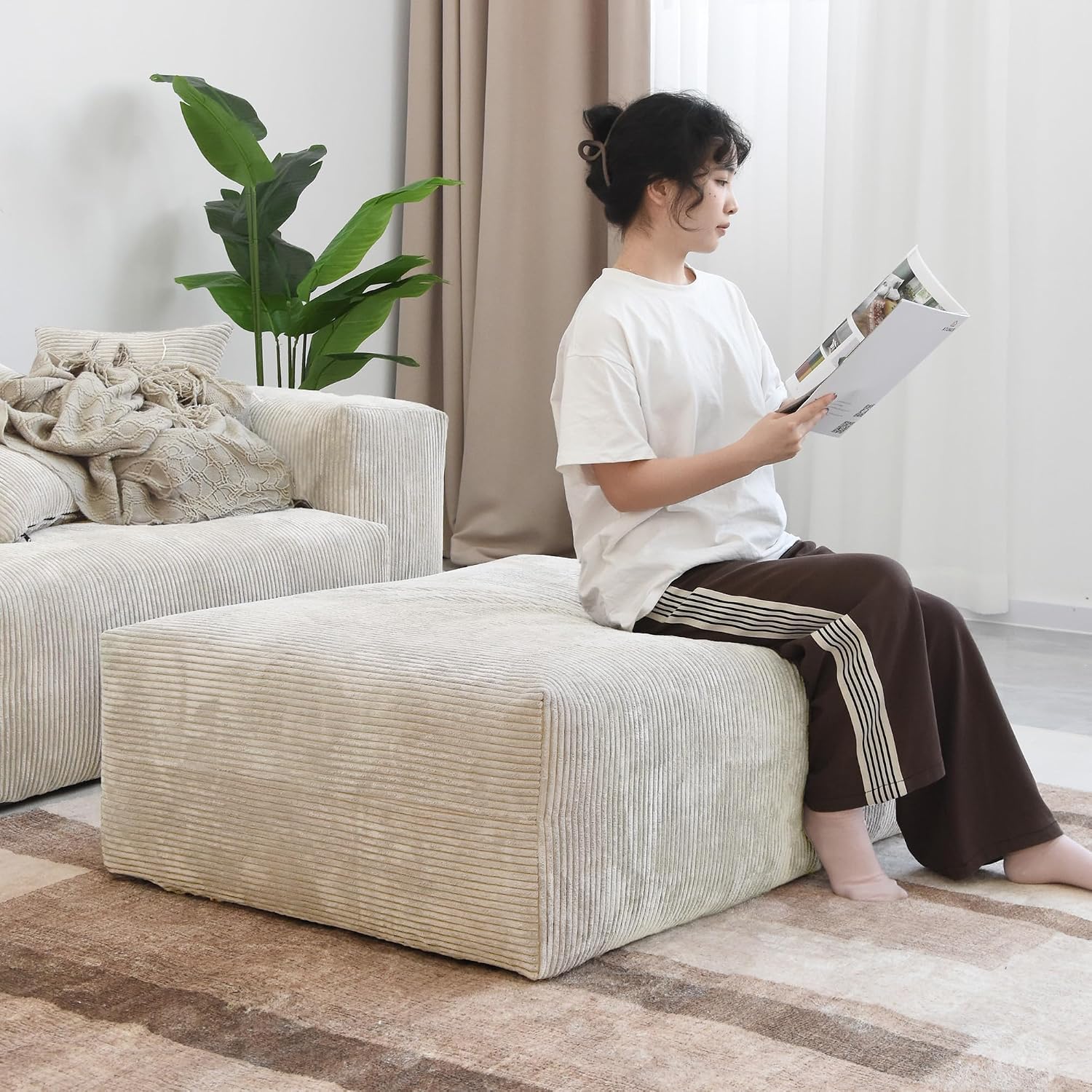 JACH 39.37" Oversized Ottoman Seater for Living Room, Deep Seat Extra Sofa Seater, Minimalist Chaise Ottoman, Modern Corduroy Ottomans for Living Room, Apartment, Beige ﻿
