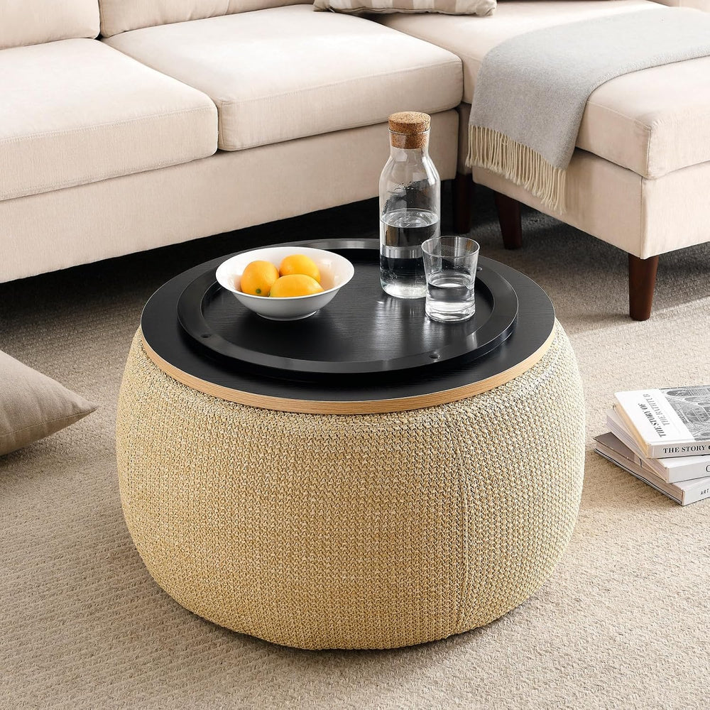 Round Storage Ottoman, 2 in 1 Function, Work as End Table and Ottoman, Natura...