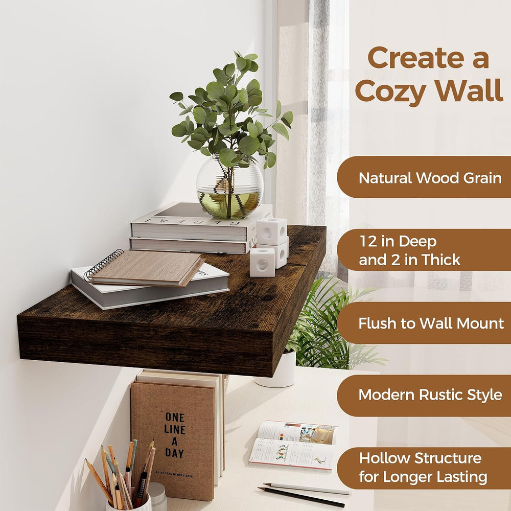 12 Inch Deep Floating Shelves, 24 x 12 Floating Shelf for Books, Rustic Wood ...