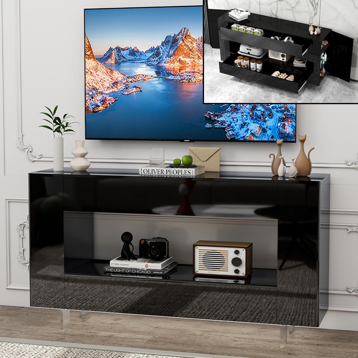 TV Stand TV Cabinet Up to 65 inch with Conceals Storage, High Gloss, Black | TV cabinet with 2 Push-Open doors and 2 drawers, entertainment center, storage cabinet, modern style, living room, office