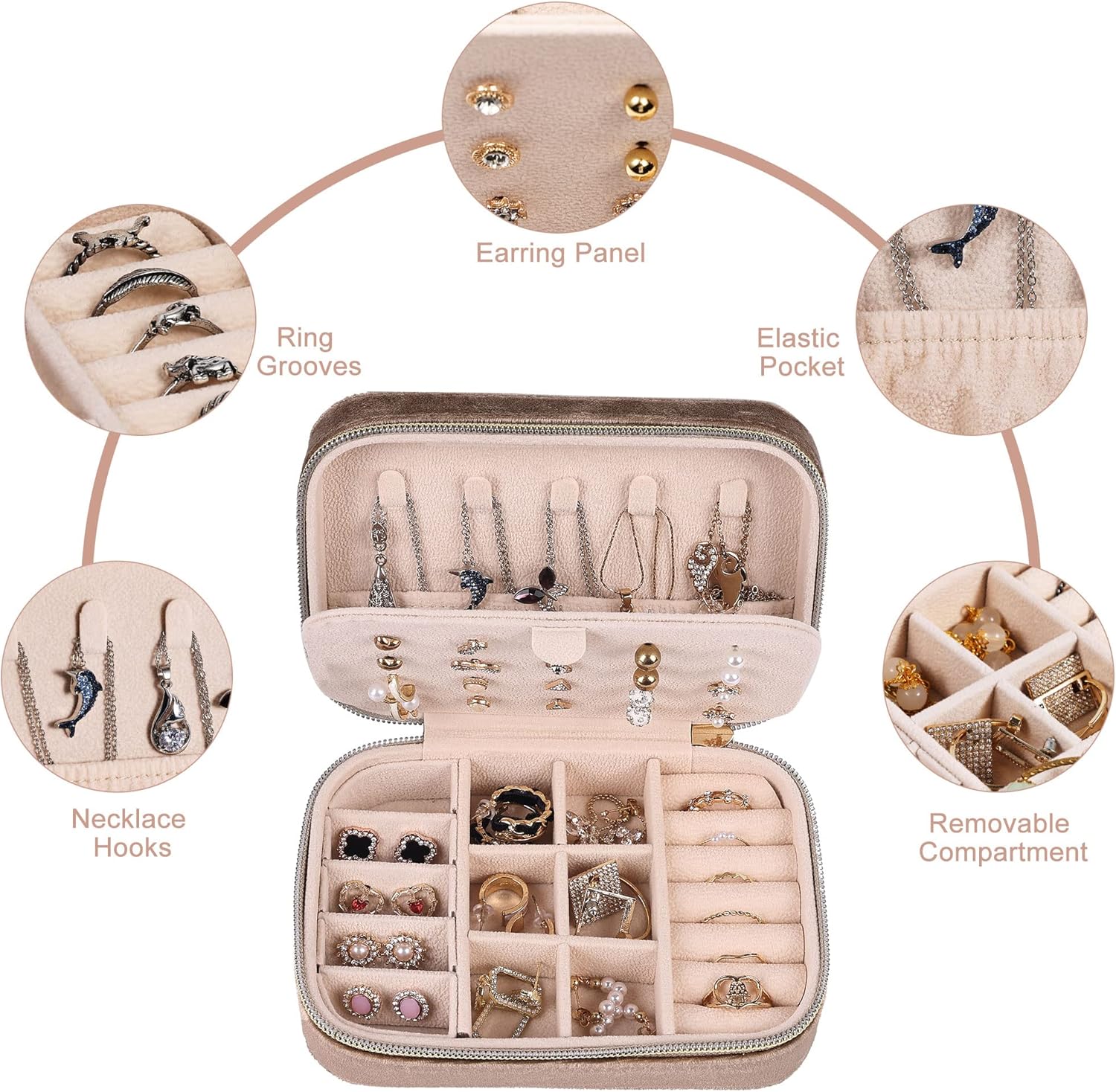 Dajasan Velvet Travel Jewelry Case, Mini Portable Travel Jewelry Organizer Boxes, Jewelry Gift Box for Birthday Mother's Day Valentine's Day Christmas (Khaki)