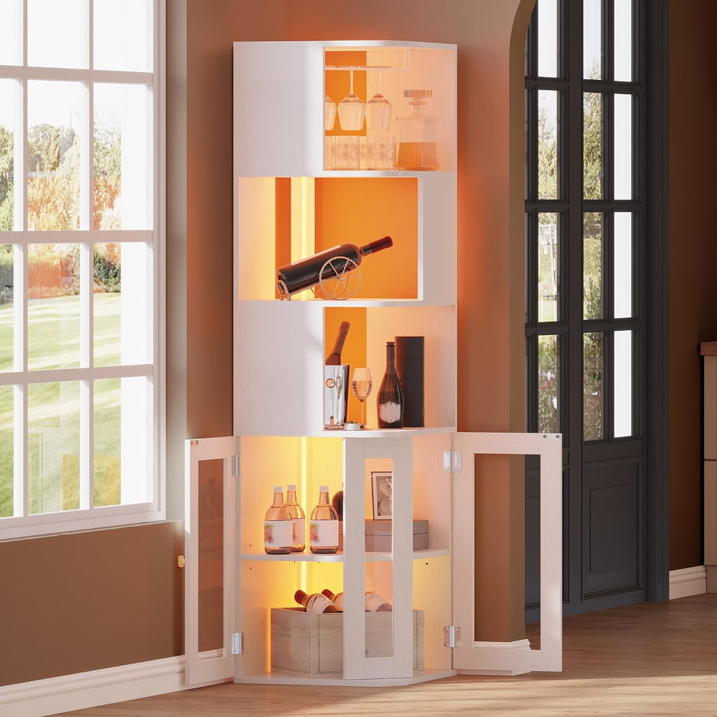 YITAHOME Corner Wine Cabinet with LED Lights & Glass Holder | LED Lights & Glass Holder, Tempered Glass Door & Adjustable Shelves, Liquor Bar Rack, For Living Room, Dining Room, Kitchen