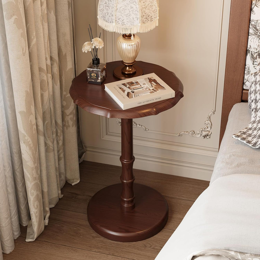 Vintage Pedestal Side Table, 100% Solid Wood Round End Table, Walnut | Small ...