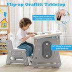 Costzon Kids Table and Chair Set, Height Adjustable Art Desk Set w/Whiteboard, Tilting Top, Storage Space, Tablet Holder & Markers, 4-in-1 Toddler Activity Furniture for Home Classroom Daycare (Gray)