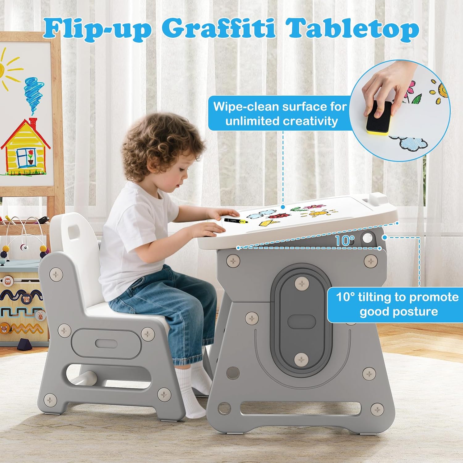Costzon Kids Table and Chair Set, Height Adjustable Art Desk Set w/Whiteboard, Tilting Top, Storage Space, Tablet Holder & Markers, 4-in-1 Toddler Activity Furniture for Home Classroom Daycare (Gray)