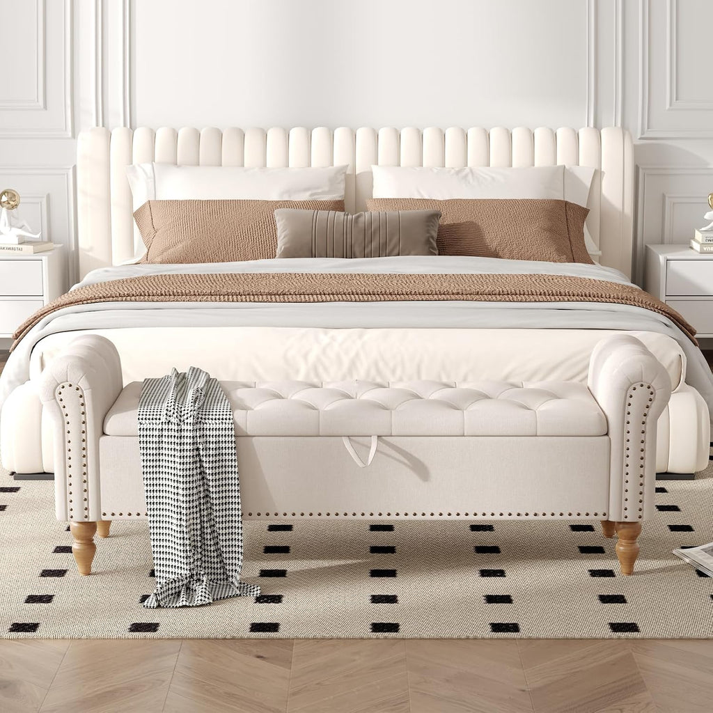 Furniliving 63” End of Bed Bench, Bedroom Bench with Button-Tufted, Large Upholstered Storage Ottoman Benches Entryway Bench with Storage Shoe Cabinet Bench, for Bedroom, Living Room, Linen, Beige