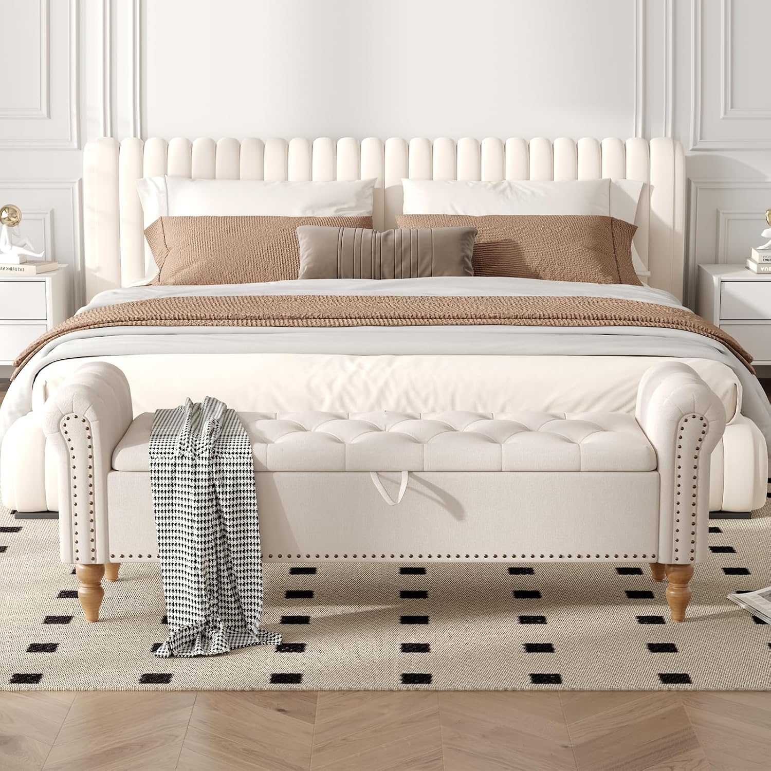Furniliving 63” End of Bed Bench, Bedroom Bench with Button-Tufted, Large Upholstered Storage Ottoman Benches Entryway Bench with Storage Shoe Cabinet Bench, for Bedroom, Living Room, Linen, Beige