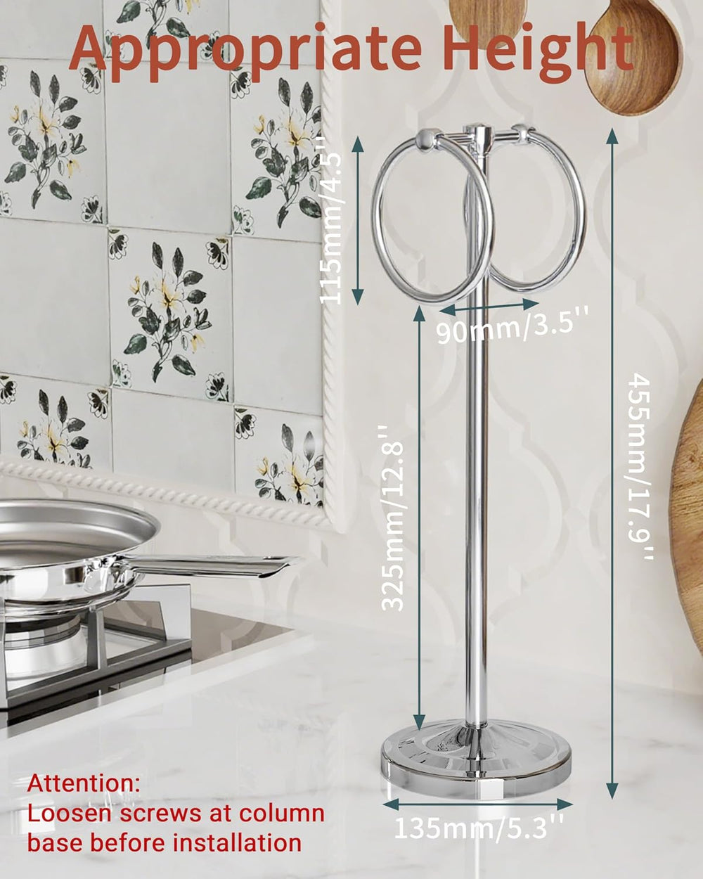 Chrome 18" Hand Towel Holder Stand with Double Ring, Weighted Base