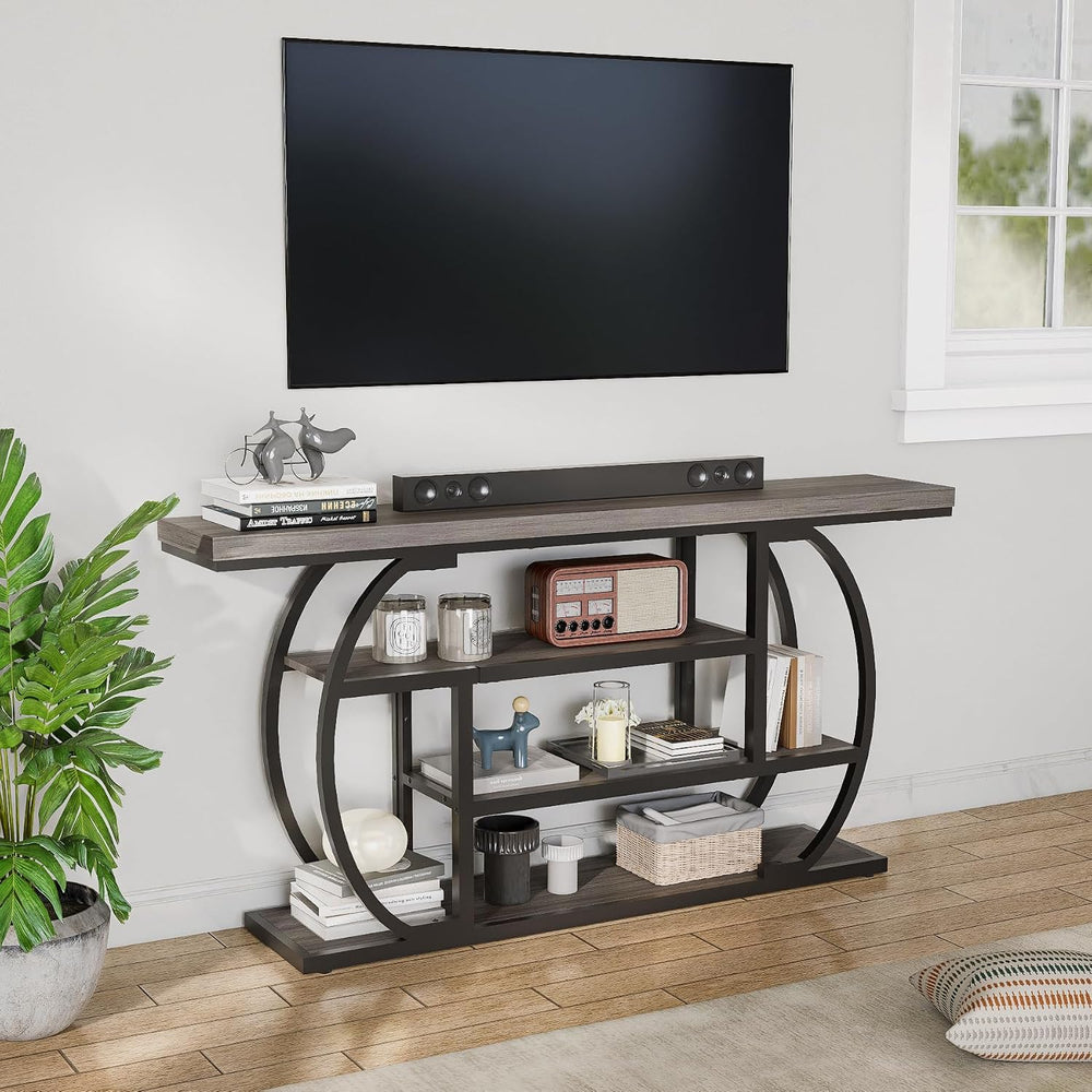 63” Industrial Console Table with 4-Tier Display Shelves, Narrow Long Sofa Ta...