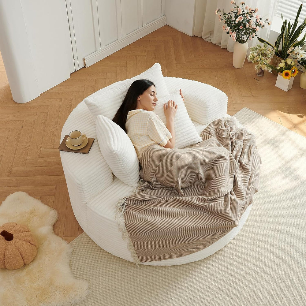 55''L Oversized Round Chaise Longue Chair Indoor, Corduroy Sponge Sin...