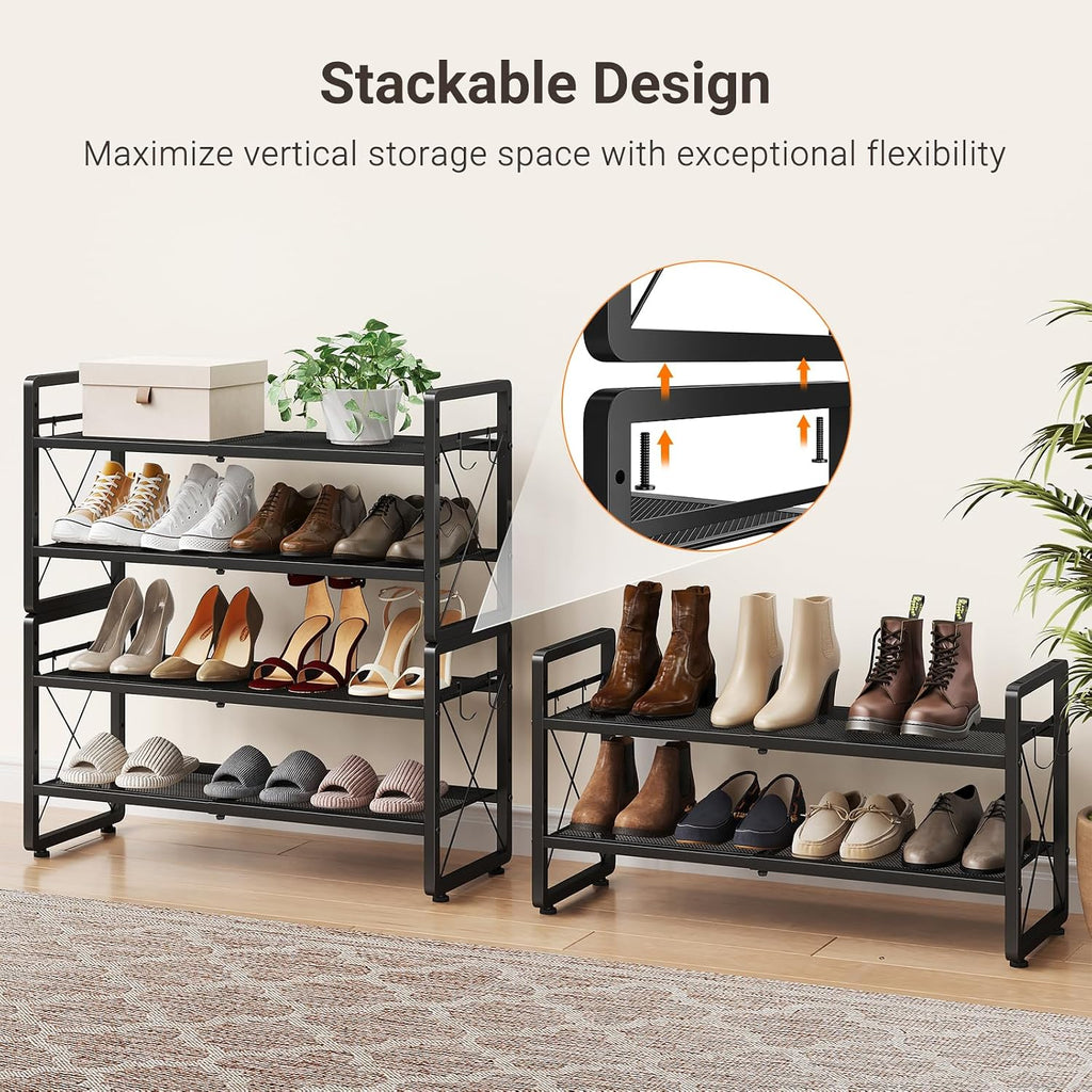 ELYKEN Expandable Shoe Rack for Closet, 2-Tier Metal Black Shoe Organizer | Adjustable Height Shoe Shelf for Boots, Heels, with 4 Hooks, Stackable Shoe Stand Holder for Entryway, Garage, Door Entrance