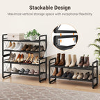 ELYKEN Expandable Shoe Rack for Closet, 2-Tier Metal Black Shoe Organizer | Adjustable Height Shoe Shelf for Boots, Heels, with 4 Hooks, Stackable Shoe Stand Holder for Entryway, Garage, Door Entrance