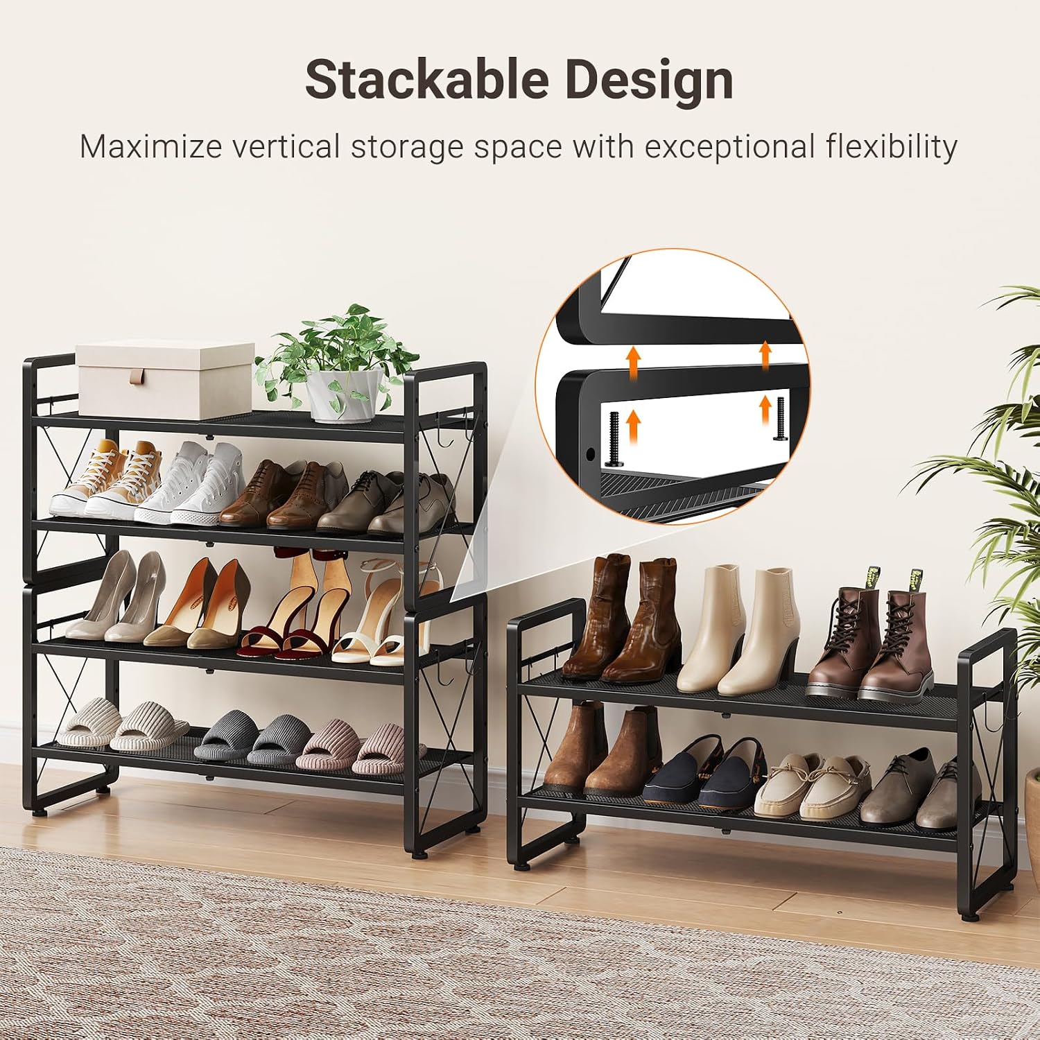 ELYKEN Expandable Shoe Rack for Closet, 2-Tier Metal Black Shoe Organizer | Adjustable Height Shoe Shelf for Boots, Heels, with 4 Hooks, Stackable Shoe Stand Holder for Entryway, Garage, Door Entrance
