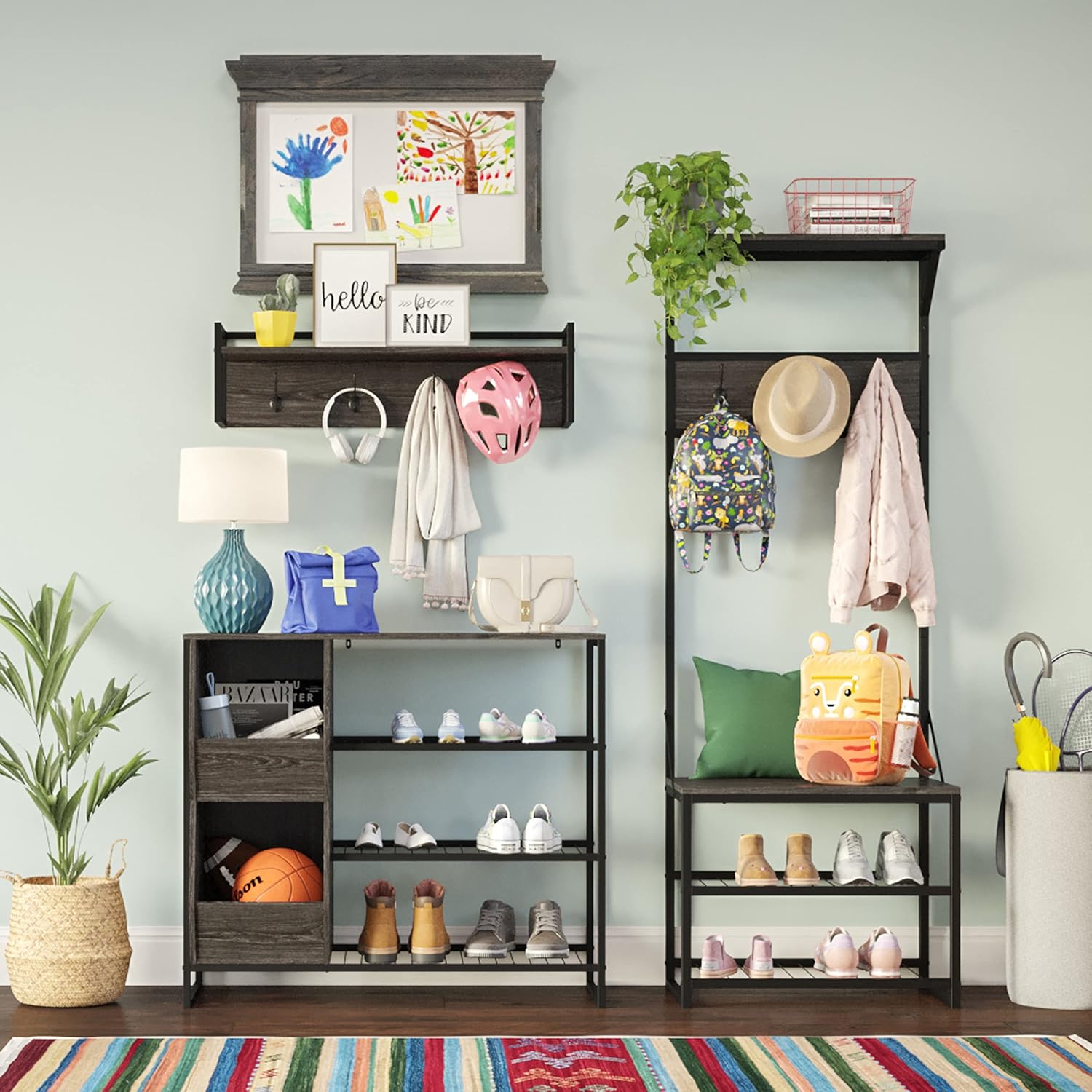 RiverRidge Afton Hall Tree, Black Metal Frame and Weathered Woodgrain | Entryway Organizer with Shoe Rack, Bench Seat, Coat Hooks, Top Display Storage Shelf