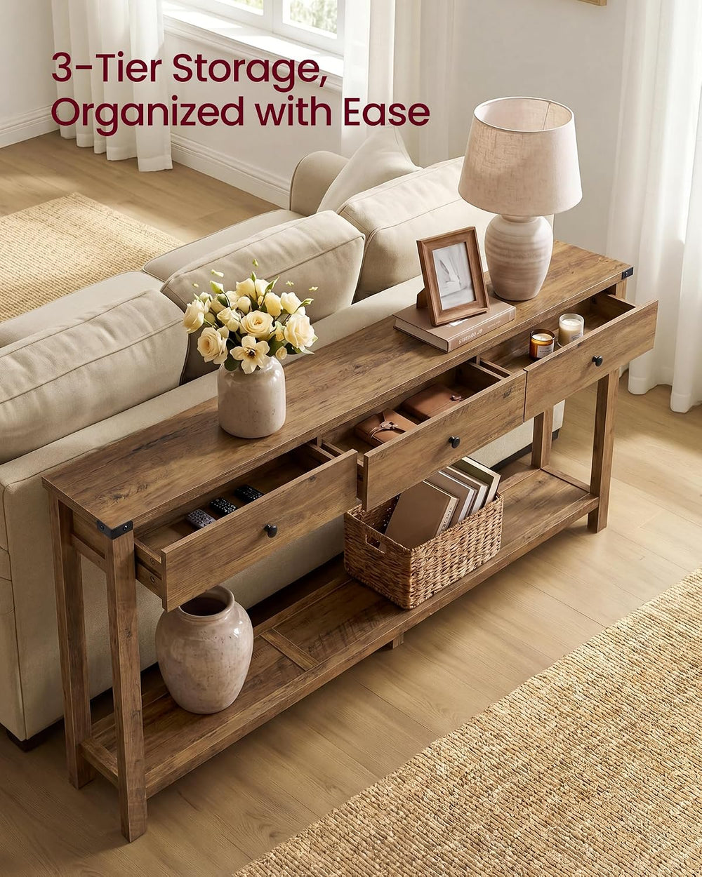 VASAGLE LIRY Collection Narrow Console Table with 3 Drawers, Brown | Long Sof...