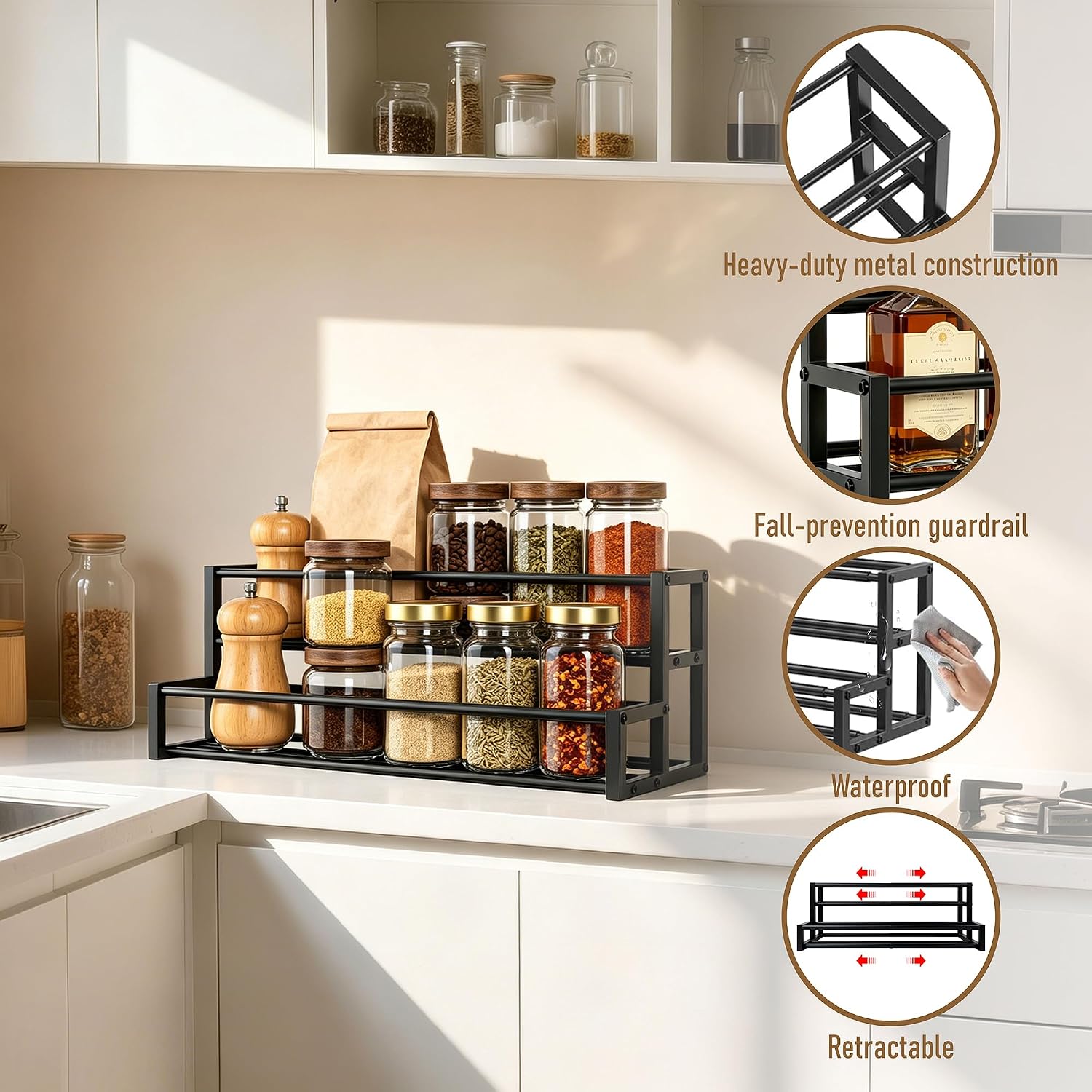 Expandable Metal Coffee Syrup Organizer Stand | Heavy Duty Metal, Holds 6-12 Bottles, Adjustable Width, for Coffee Bar, Countertop Storage, Home Kitchen Organizer