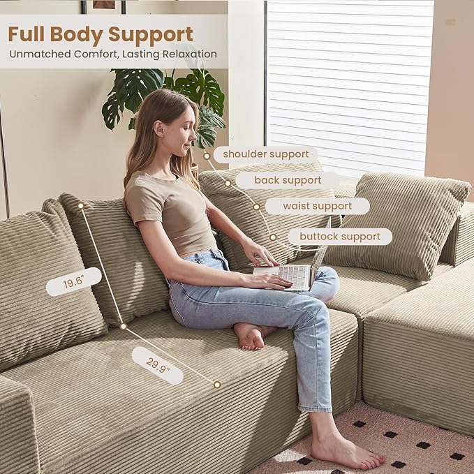 108" L-Shaped Boneless Couch, Modular Sectional Sofa with Moveable Ottoman, Corduroy Cloud Couches for Living Room, No Assembly, Ship in a Box, Camel