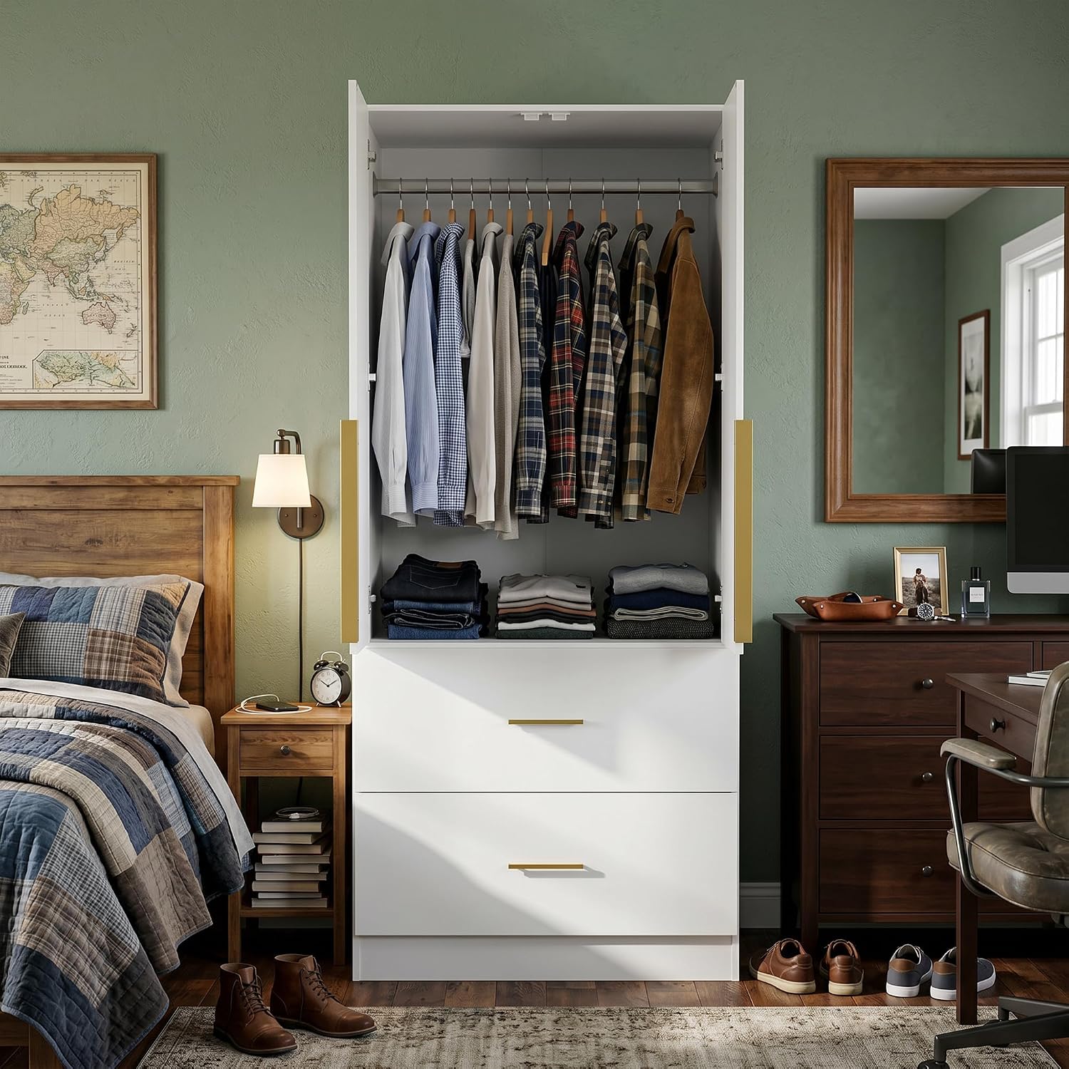 ECACAD 29.5" W Wardrobe Armoire with Mirror, Fluted Door & LED Light, Wooden Closet Storage Cabinet with Hanging Rod, 2 Doors and 2 Drawers for Bedroom, White