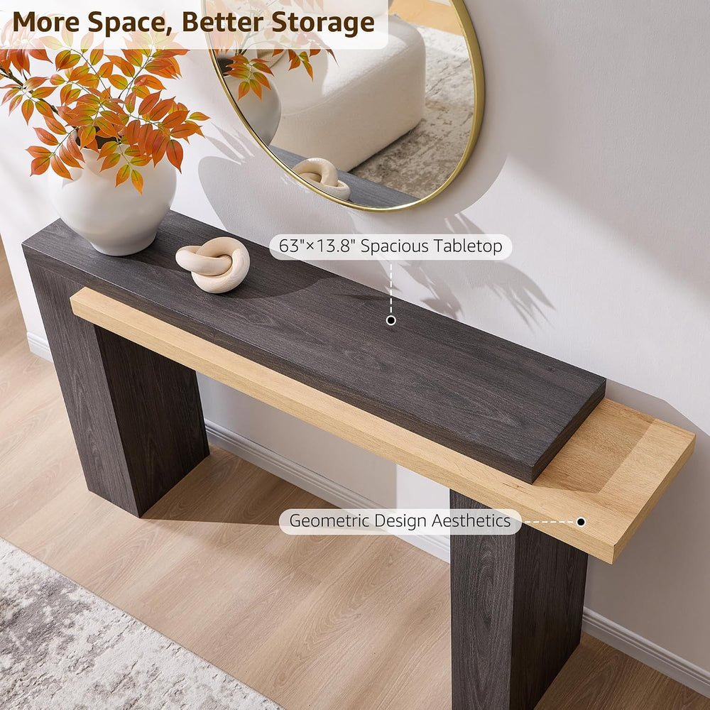 OKD 63" Geometric Console Table with Layered Top, Natural Oak & Dark...