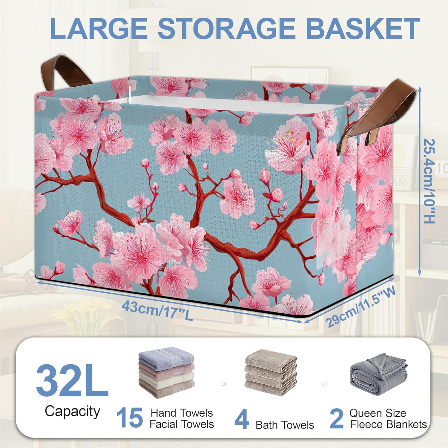 Cherry Blossoms Collapsible Storage Box,Japanese Organizer Bin with Handles for Room Decoration,Bins Book Basket Box 17x11.5x10Inch