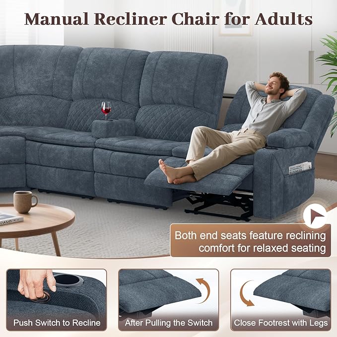 Manual Reclining Sectional Sofa Set, 4 Seats Soft Fabric Recliner Corner Sectional Couch, Family-Sized L-Shaped Recliner Couch with USB Charging, Thickened Padding, Sturdy Frame, Blue