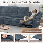 Manual Reclining Sectional Sofa Set, 4 Seats Soft Fabric Recliner Corner Sectional Couch, Family-Sized L-Shaped Recliner Couch with USB Charging, Thickened Padding, Sturdy Frame, Blue