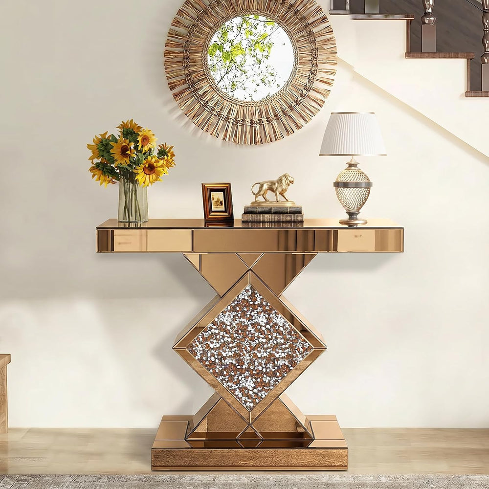 Tea-Colored Mirrored Console Table with Crushed Diamond lnlay, 32" Long ...