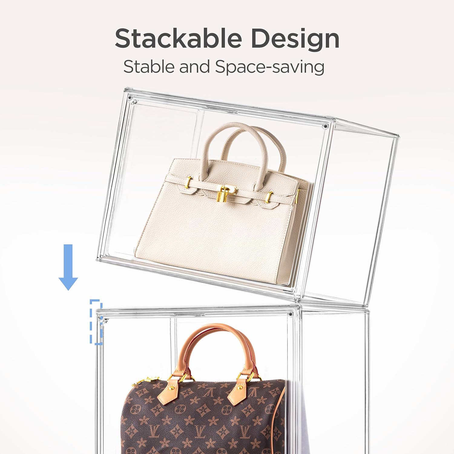 HBlife 5 Pack Purse Storage Organizer for Closet, X-Large Clear Stackable Handbag Display Case Box with Magnetic Door for Collectibles, Cosmetics, Women Heels and Toys