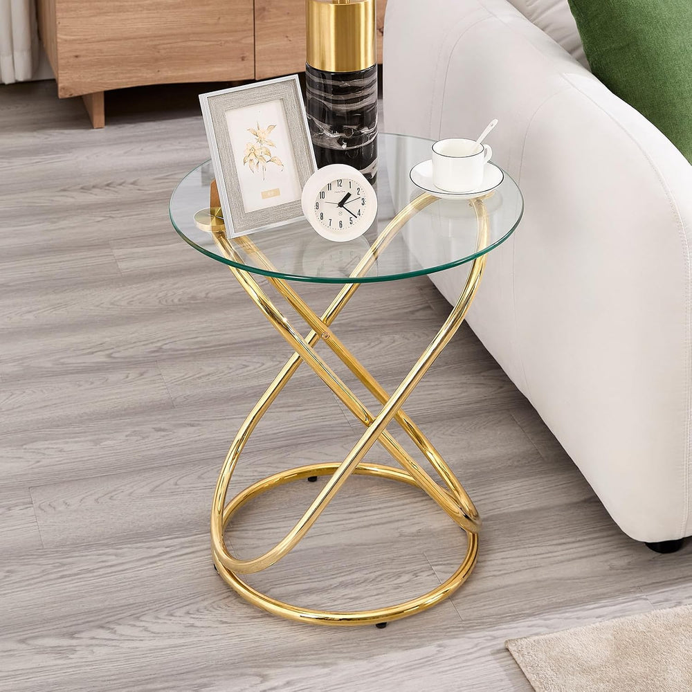 BECHAEO 19.7" Round Glass Gold Side Table with Gold-Plated Metal Ring-Sh...