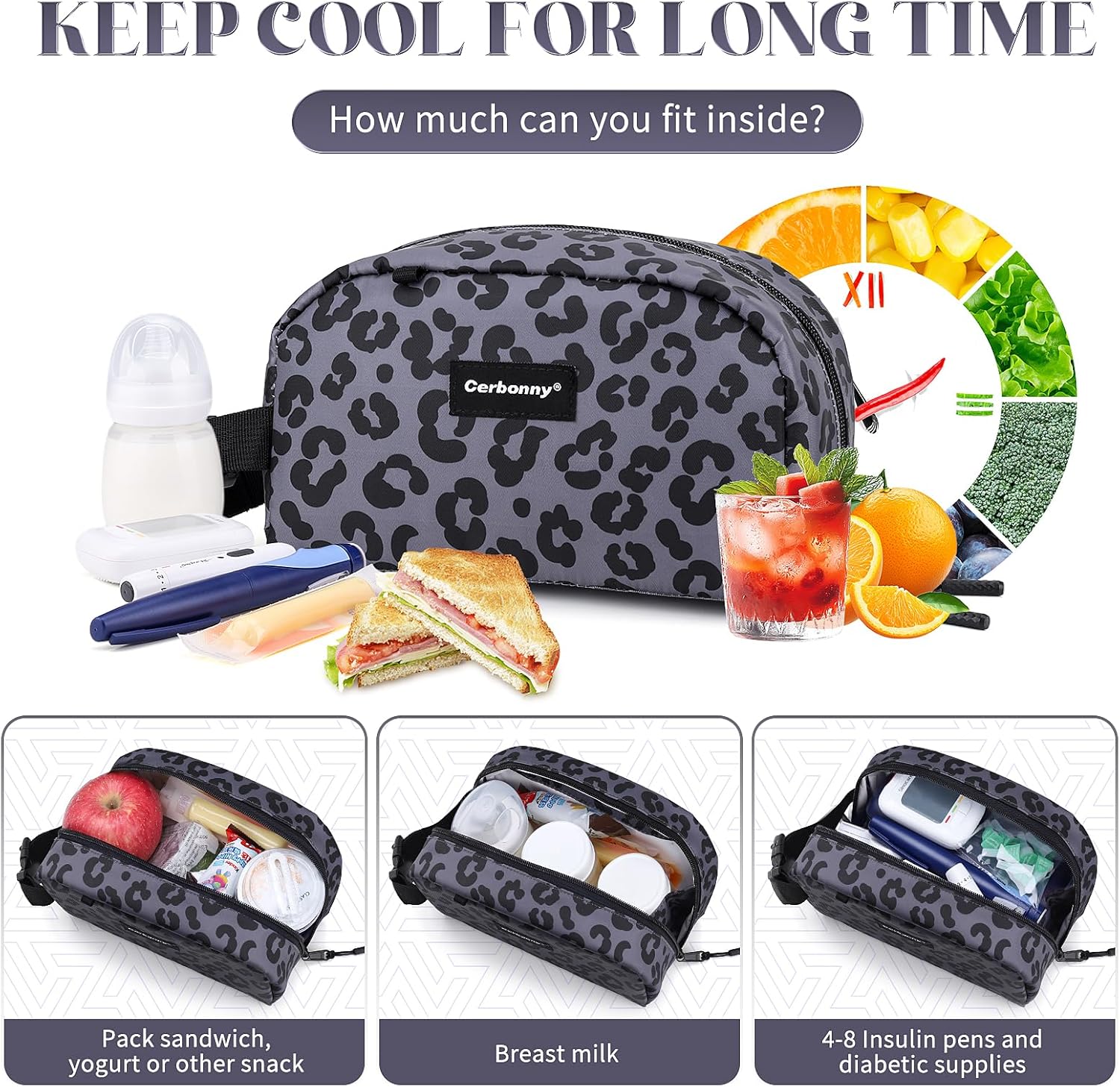 Cerbonny Reusable Lunch Bag, Grey Leopard, 2.5L, Insulated, Zipper Closure, Portable, Thermal Insulated, Office, Picnic, Travel, School