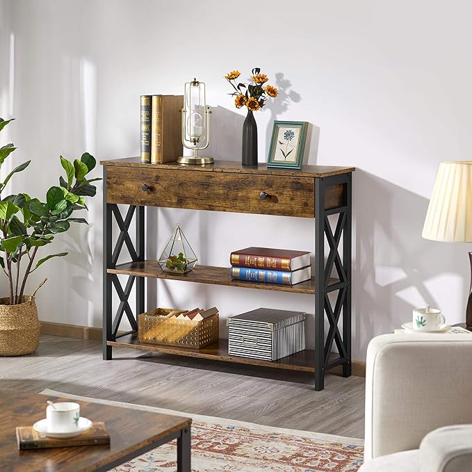 Yaheetech TV Stand for TV up to 45 inch, Entertainment Center with Drawer, Media Console Table with Storage Shelves, for Living Room, Metal Frame, Rustic Brown