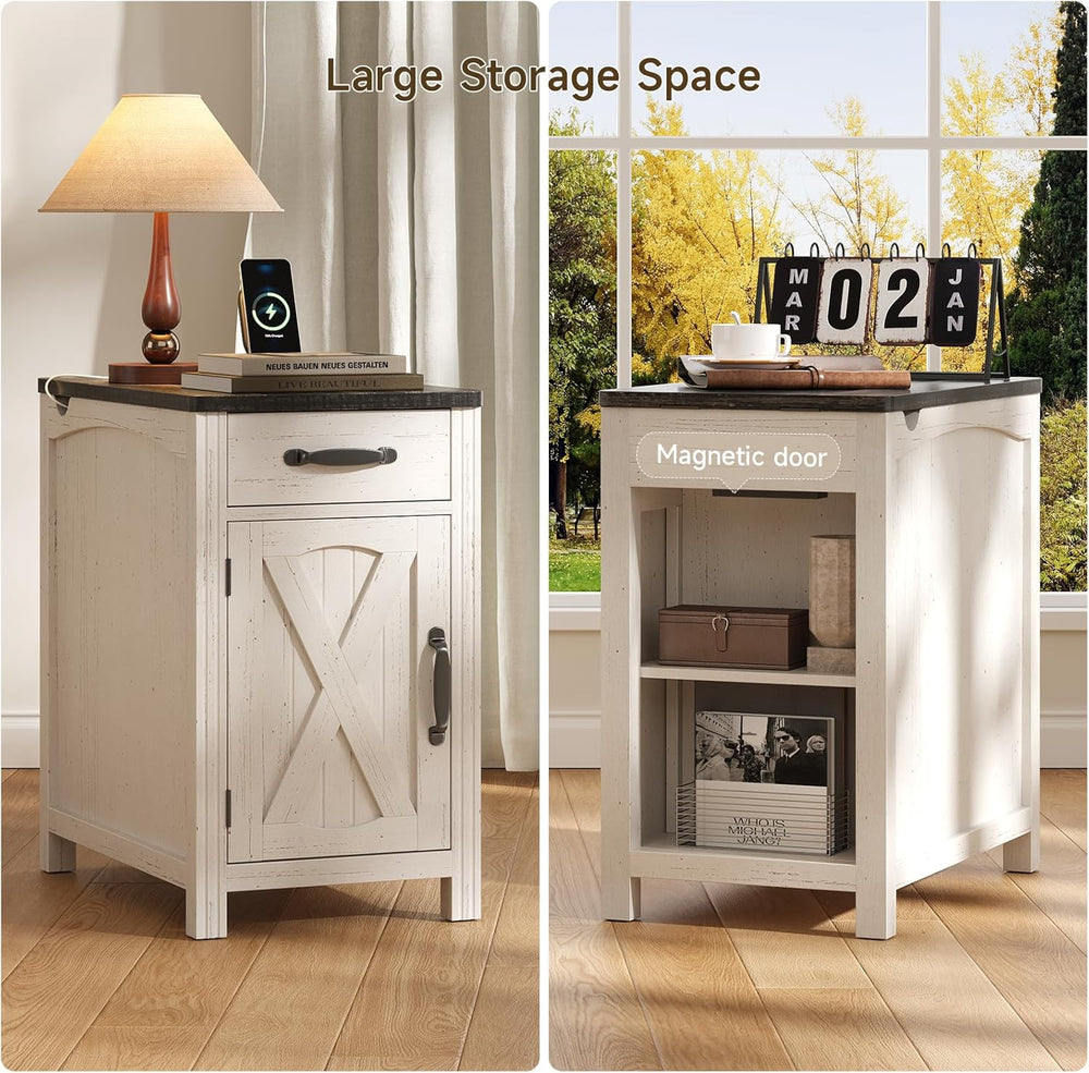 ONBRILL Farmhouse End Table with Charging Station, Narrow Side Table with Bar...
