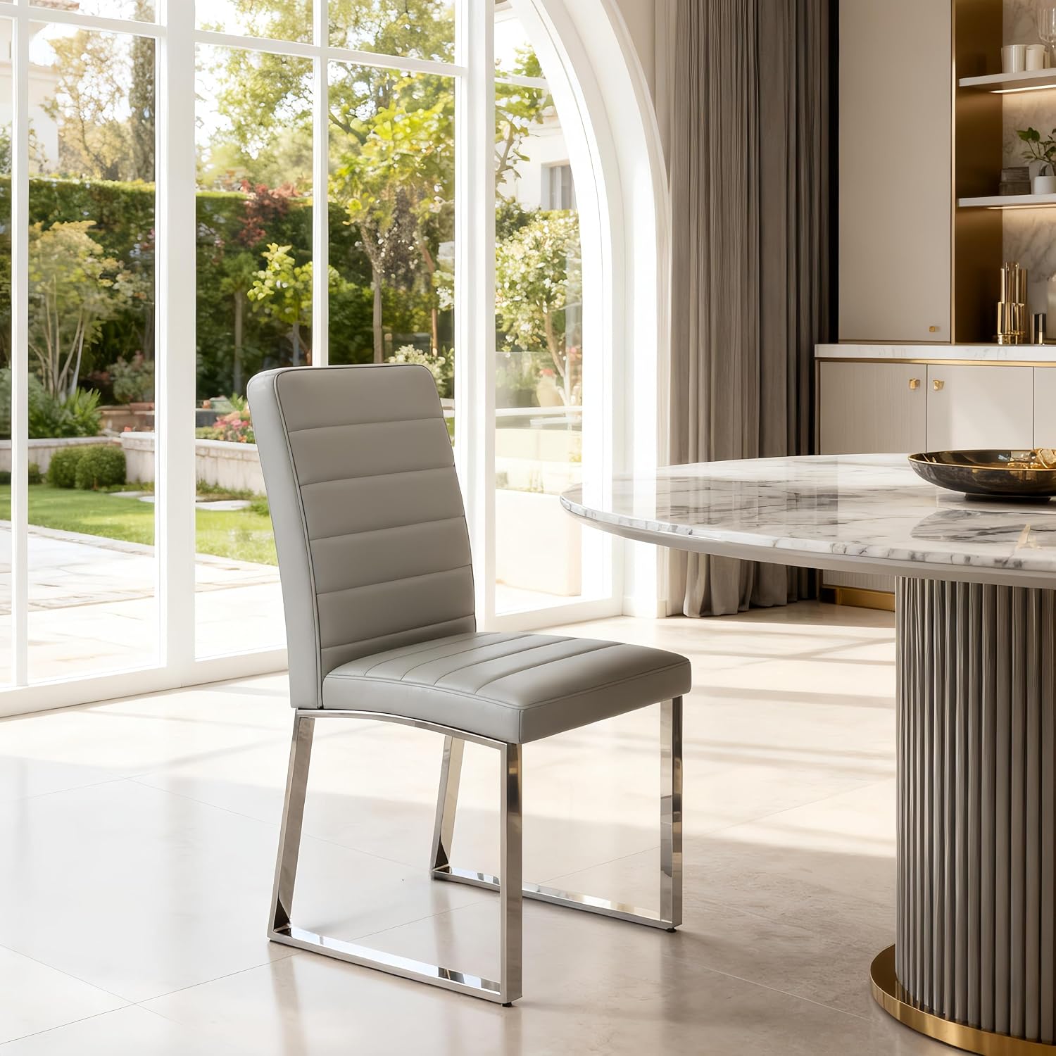 Modern Dining Chairs Set of 6, Grey Faux Leather Kitchen Chairs, Upholstered Armless Dining Room Chair with Silver Metal Legs Heavy Duty, Comfortable (Grey Chiars, Set of 6)