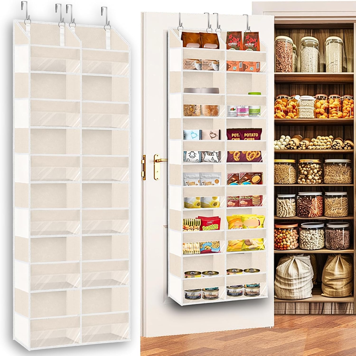Over the Door Organizer 6 Tiers, Extra Large Behind Door Storage of 12 Compartments,80 lbs Weight Capacity Hanging Storage Organizer with Clear Window Kids Toys, Shoes, Diapers,Beige
