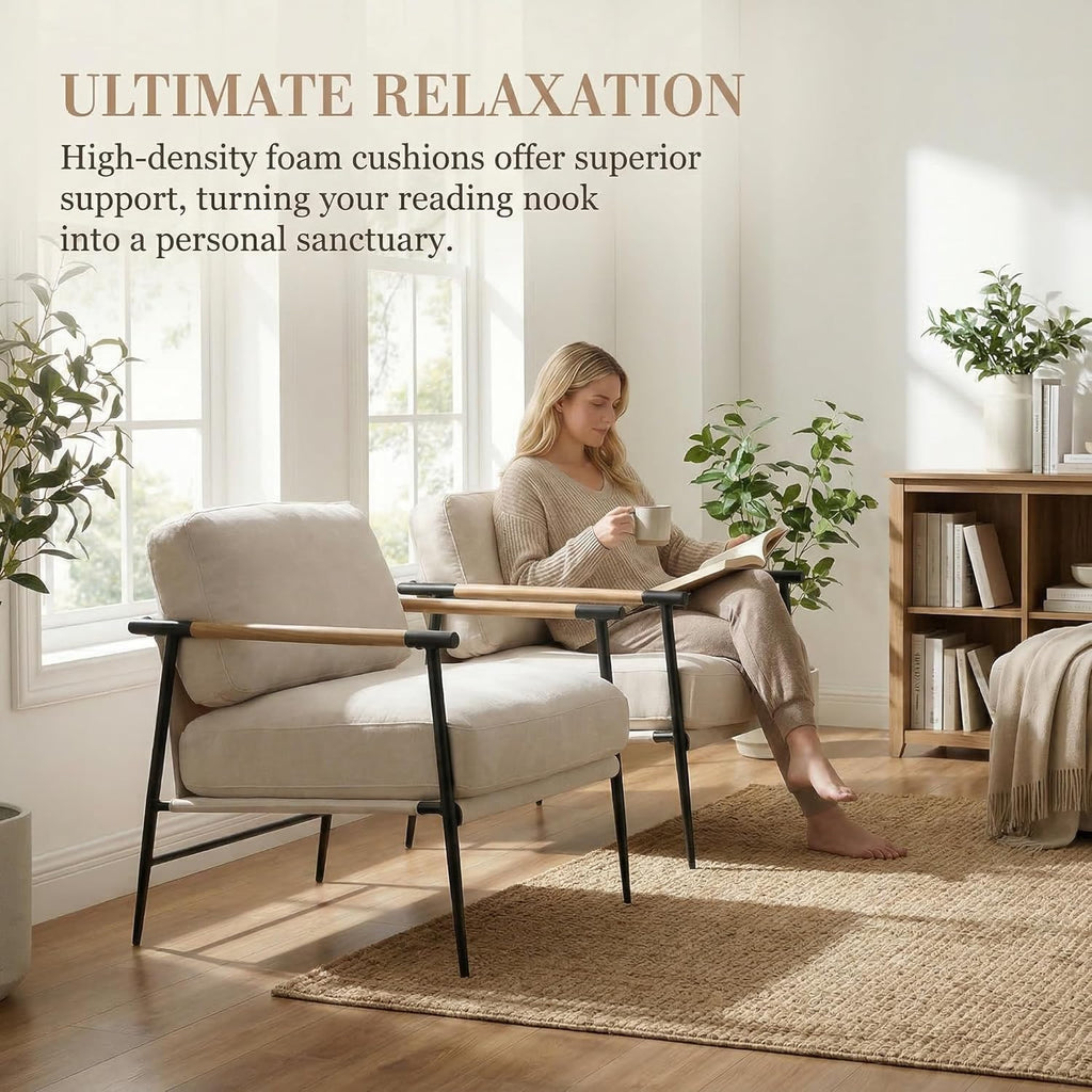 DUOMAY Beige Modern Accent Chair Chenille Upholstered Lounge Bedroom Chair with Metal Legs Comfy Lightweight Living Room Chair Armchair for Home Reading